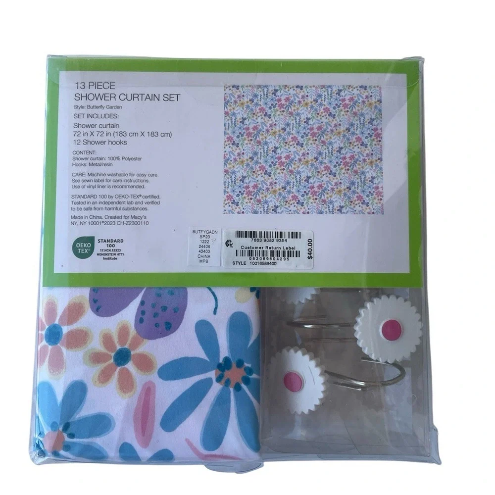 Charter Club Kids 13 Piece Floral Shower Curtain Hook Set Pink Blue 72